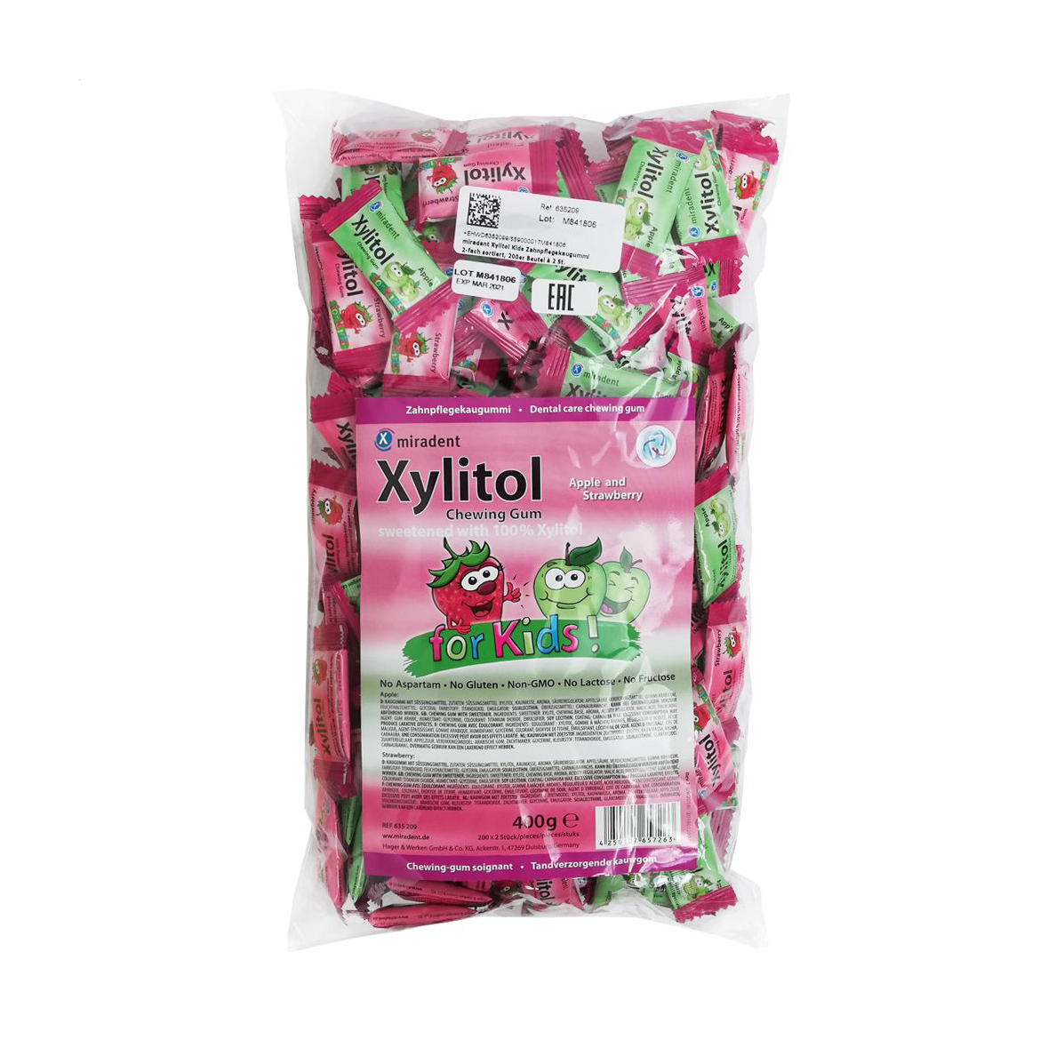 Дитяча жувальна гумка Miradent Xylitol Chewing Gum For Kids Асорті, полуниця та яблуко, 200 шт